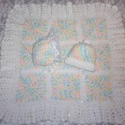 Crochet Baby Pastel Blanket With Boy Or Girl Hat Set Perfect Shower Gift For Take Me Home - thumbnail 3