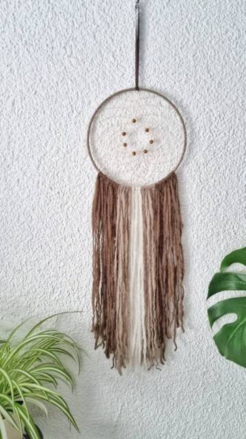 Boho Dreamcatcher, Brown & White With Yarn Falls, Wallhanging Homedecor - image 1