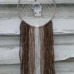 Boho Dreamcatcher, Brown & White With Yarn Falls, Wallhanging Homedecor - thumbnail 3