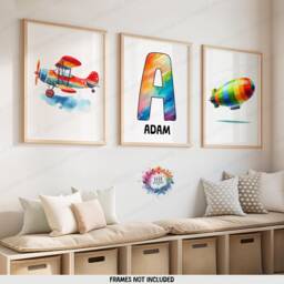 Personalised Kids Airplane Posters - Set Of 3 Prints - Colourful Boys Wall Art Room Nursery Custom Name Decor Girl Aviation Gifts - thumbnail 1