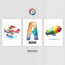 Personalised Kids Airplane Posters - Set Of 3 Prints - Colourful Boys Wall Art Room Nursery Custom Name Decor Girl Aviation Gifts - thumbnail 2
