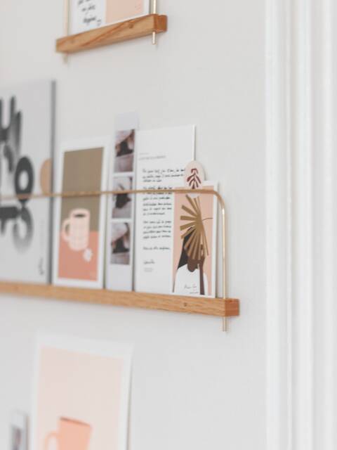 Photo, Polaroid & Postcard Shelf in Solid Chestnut Wood & Brass - 80cm. Handmade France - image 1