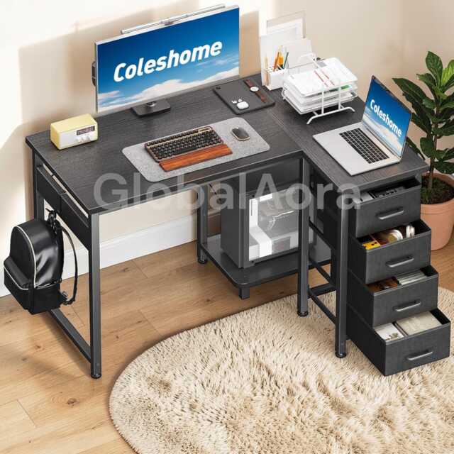 Computer Desk With Drawers, Black L Shaped Home Office Desk, Reversible Corner Workstation Storage - image 1