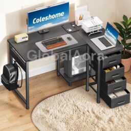 Computer Desk With Drawers, Black L Shaped Home Office Desk, Reversible Corner Workstation Storage - thumbnail 1