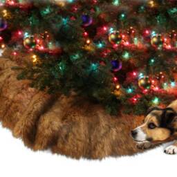 Faux Fur Christmas Tree Skirt - Shaggy Light Brown Wolf, Round