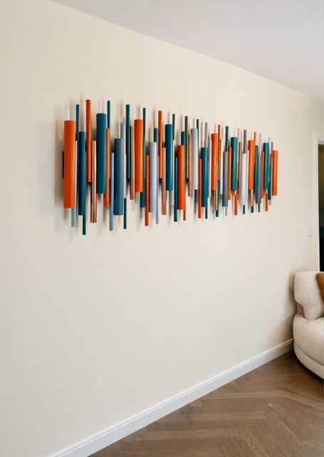 Geometric Wood Dowel Sculpture, Abstract Orange Teal Art - image 1