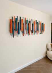 Geometric Wood Dowel Sculpture, Abstract Orange Teal Art