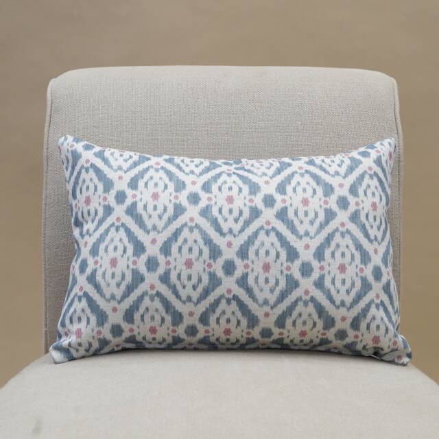 Santorini Linen Blend Boudoir Cushion. Soft Blue & Pink Geometric Trellis Pattern. 17x12 - image 1