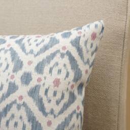 Santorini Linen Blend Boudoir Cushion. Soft Blue & Pink Geometric Trellis Pattern. 17x12 - thumbnail 2