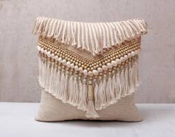 Embroidered Bohemian Pillow Cover, Bali Style, Wooden Beads & Shells