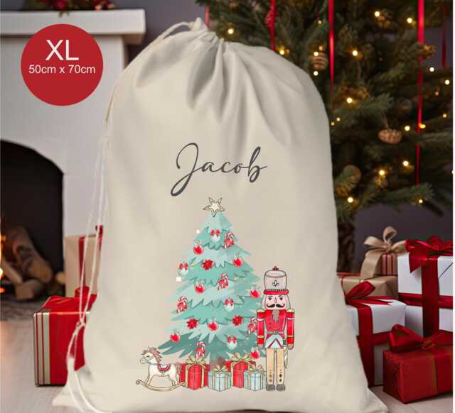 Personalised Xl Drawstring Christmas Sack/stocking.. Red Nutcracker Tree Xmas Present Sack Gift Bag Extra Large Boys Girls - image 1