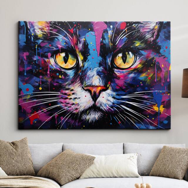 Black Cat Paint Splash Animal Pet Abstract Modern Painting Wall Art, Framed Canvas Poster Print, Home Kitchen Office Room Decor, Gifts - image 1