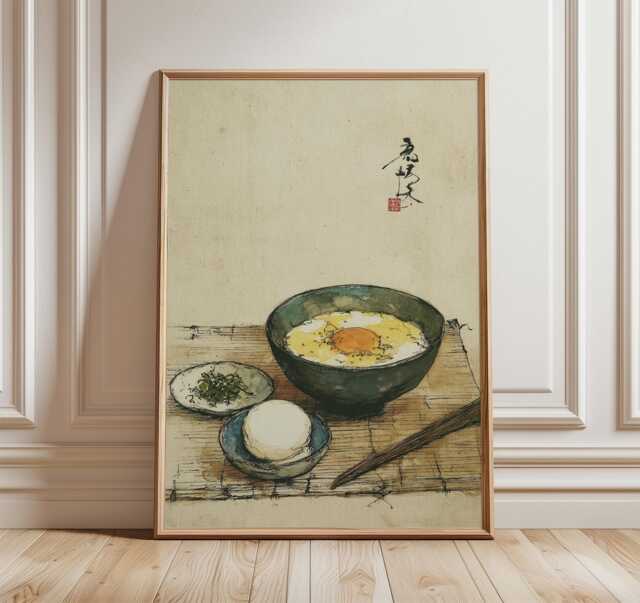 Japanese Breakfast Wall Art, Minimal Ink Food Poster, Traditional Kitchen Print, Zen Dining Decor, Asian Still Life Artwork, Rustic Style - image 1