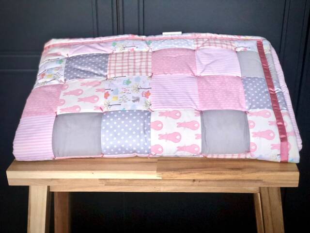 Handmade Traditional Patchwork Baby Girl Pink & Grey Bunny Rabbit Cotbed Quilt Playmat Newborn Nursery Blanket Birth Christening Gift - image 1