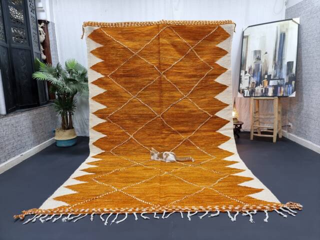 Kilim Moroccan Rug, Flat Berber Rug, Sheep Wool Camel Brown & White Geometric Dhurrie Area Custom Moroccan Rug - image 1