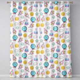 Cute Kawaii Space Rocket Globe Sun Star White Seamless Pattern Readymade Eyelet Ring Top Thermal 100% Blackout Curtains - thumbnail 2