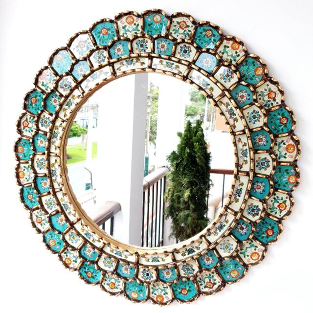 Round Turquoise Ivory & Gold Mirror 60cm - Elegant Boho Sunburst Wall Handmade Peruvian Decorative Statement - image 1