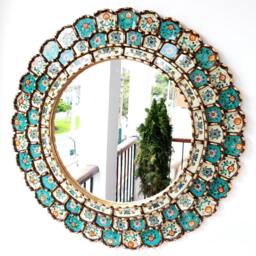 Round Turquoise Ivory & Gold Mirror 60cm - Elegant Boho Sunburst Wall Handmade Peruvian Decorative Statement