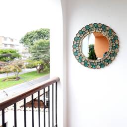 Round Turquoise Ivory & Gold Mirror 60cm - Elegant Boho Sunburst Wall Handmade Peruvian Decorative Statement - thumbnail 3