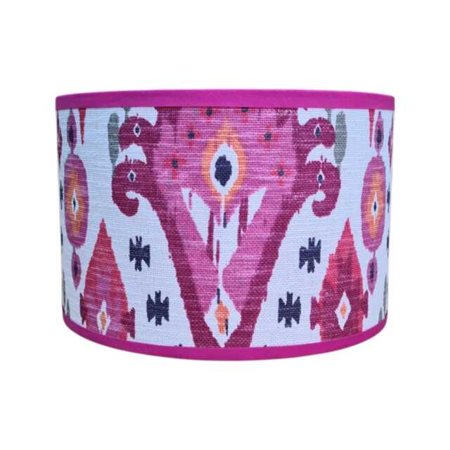 Handmade Boho Begonia Ikat Lampshade - Bold Pink & Gold Drum Shade - Statement Lighting, Iliv Fabric - image 1