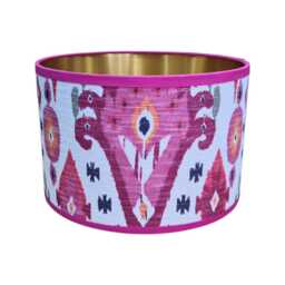 Handmade Boho Begonia Ikat Lampshade - Bold Pink & Gold Drum Shade - Statement Lighting, Iliv Fabric - thumbnail 3