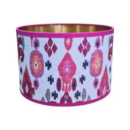 Handmade Boho Begonia Ikat Lampshade - Bold Pink & Gold Drum Shade - Statement Lighting, Iliv Fabric - thumbnail 4