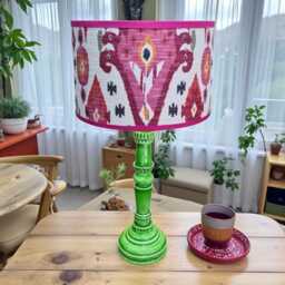 Handmade Boho Begonia Ikat Lampshade - Bold Pink & Gold Drum Shade - Statement Lighting, Iliv Fabric - thumbnail 2