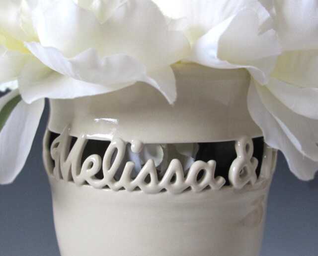 Two Names Only Personalized Couple's Vase Wedding - Anniversary Gift Sweetheart Hand Thrown & Carved From White Stoneware - image 1