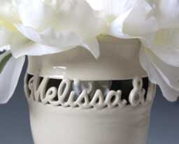 Two Names Only Personalized Couple's Vase Wedding - Anniversary Gift Sweetheart Hand Thrown & Carved From White Stoneware - thumbnail 1