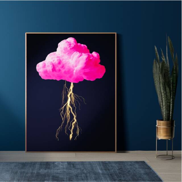 Hot Pink Cloud With Lightning Bolts On Luxe Dark Blue Wall Art Print - Vibrant Statement D??cor - image 1