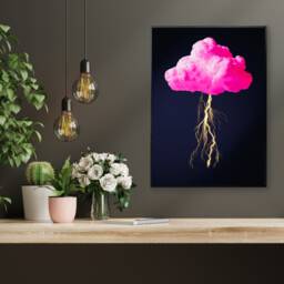 Hot Pink Cloud With Lightning Bolts On Luxe Dark Blue Wall Art Print - Vibrant Statement D??cor - thumbnail 2
