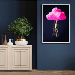 Hot Pink Cloud With Lightning Bolts On Luxe Dark Blue Wall Art Print - Vibrant Statement D??cor - thumbnail 3