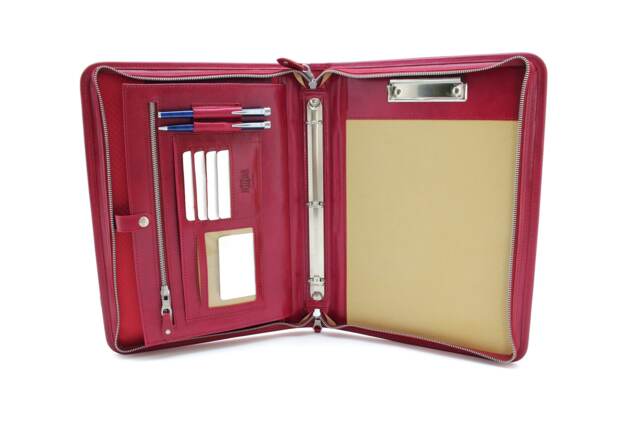 Leather Portfolio, Zipped Business Folder, Conference Folder A4 , Padfolio 3 Ring Binder, Clipboard Organizer Red With Handle - image 1