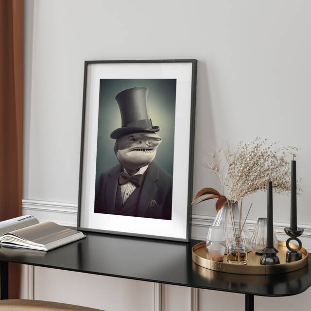 Dapper Shark Tuxedo Portrait Wall Art Print Grey Black Animal Graphic Style Office Decor Modern Home Gift Unique Illustration - image 1