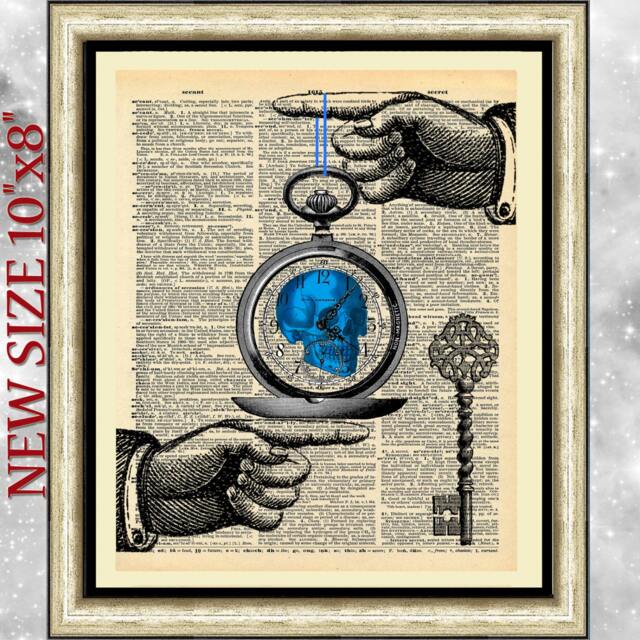 steampunk Skull Art Print Blue Skull, Watch, Key On Antique Dictionary Page