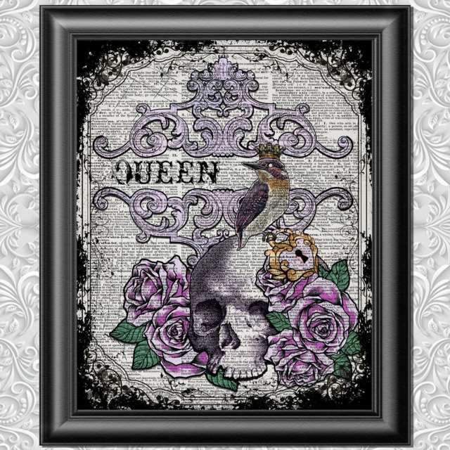 Dictionary Art Queen Bird, Skull & Roses Poster Wall Decor, Tattoo Style Love Print