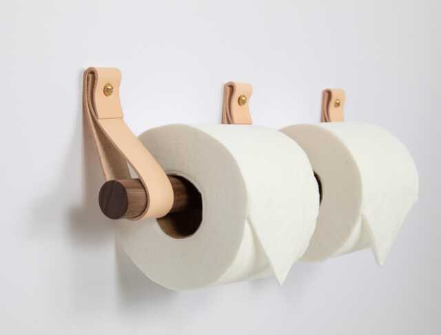 Scandinavian Double Toilet Paper Holder - Birch Or Walnut & Leather - Minimal Wall Mount Bathroom Organizer - image 1