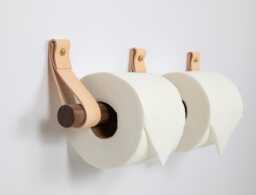 Scandinavian Double Toilet Paper Holder - Birch Or Walnut & Leather - Minimal Wall Mount Bathroom Organizer