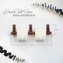 Scandinavian Double Toilet Paper Holder - Birch Or Walnut & Leather - Minimal Wall Mount Bathroom Organizer - thumbnail 3