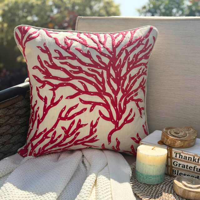 Beige/Coral Pearl Embroidered Floral Pattern, Modern Cotton Linen Throw Pillow Cover/Euro Sham - Coraline - image 1