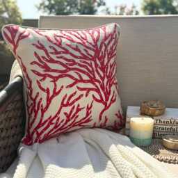 Beige/Coral Pearl Embroidered Floral Pattern, Modern Cotton Linen Throw Pillow Cover/Euro Sham - Coraline - thumbnail 2