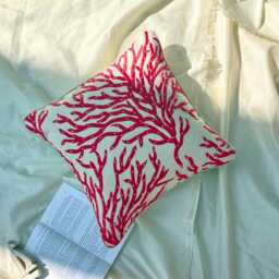 Beige/Coral Pearl Embroidered Floral Pattern, Modern Cotton Linen Throw Pillow Cover/Euro Sham - Coraline - thumbnail 3
