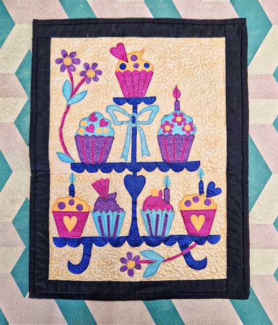 Cupcake Wall Hanging, Fabric Art, Birthday Party Decor, Quilted Tapestry, Colourful Kitchen Whimsical Decor - image 1