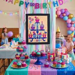 Cupcake Wall Hanging, Fabric Art, Birthday Party Decor, Quilted Tapestry, Colourful Kitchen Whimsical Decor - thumbnail 4
