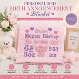 Personalised Embroidered Birth Announcement Blanket - Baby Name, Date, Time, Weight & Details 100 X 75cm Newborn Keepsake Gift - thumbnail 3
