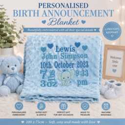 Personalised Embroidered Birth Announcement Blanket - Baby Name, Date, Time, Weight & Details 100 X 75cm Newborn Keepsake Gift - thumbnail 2