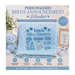 Personalised Embroidered Birth Announcement Blanket - Baby Name, Date, Time, Weight & Details 100 X 75cm Newborn Keepsake Gift