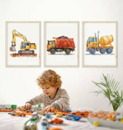 Construction Vehicle Prints Kids' Room Wall Art, Set Of 3 - thumbnail 1