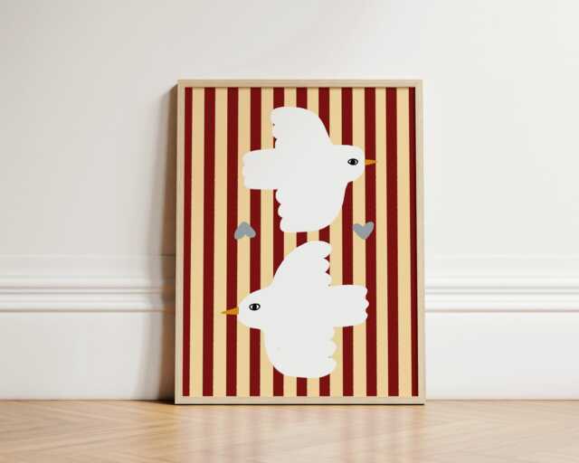 stripe Doves Print, Nursery Illustration Kids Bedroom Art, Wall Room Play Room, Unframed - image 1