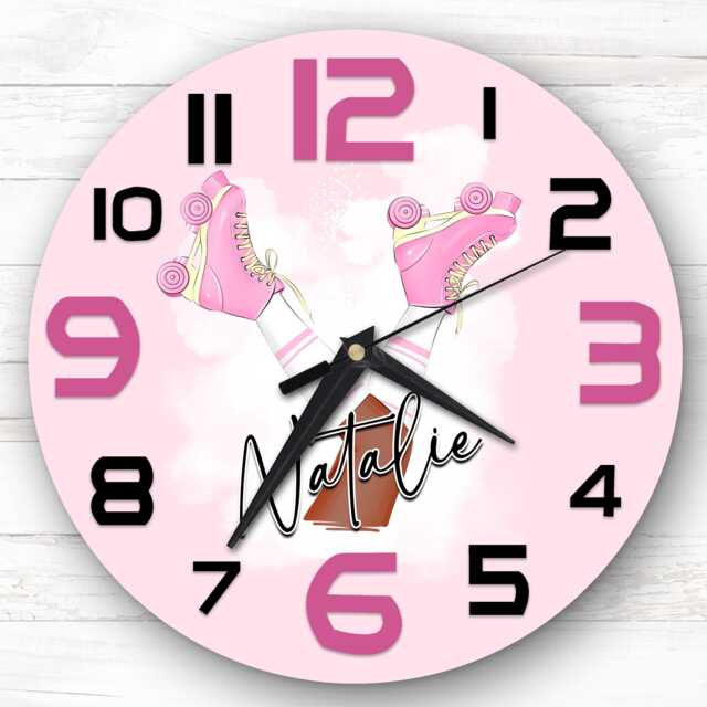 Dark Skin Girls Roller Skates Skating Personalised Gift For Kid's Bedroom Clock - Kids Clock, Children's , Custom Wall - image 1